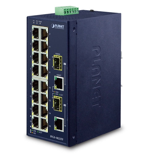  Industrial 16-Port 10/100TX + 2-Port Gigabit TP/SFP Combo Ethernet Switch (-40~75 degrees C) 