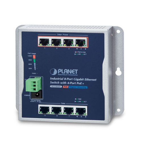 Industrial 8-Port 10/100/1000T Wall Mounted Gigabit Ethernet Switch with 4-Port PoE+ 