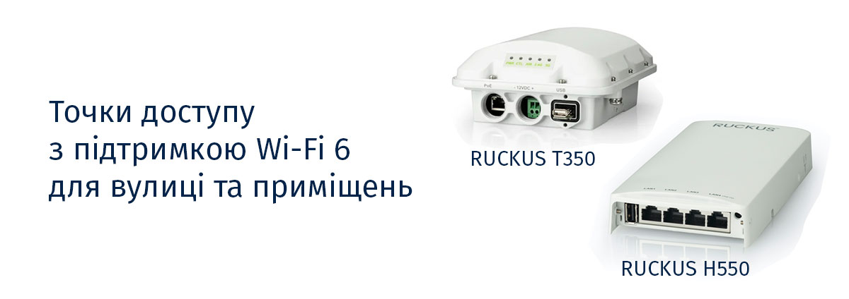 Nочки доступу RUCKUS T350 та RUCKUS H550 з підтримкою Wi-Fi 6 для вулиці та приміщень Nочки доступу RUCKUS T350 та RUCKUS H550 з підтримкою Wi-Fi 6 для вулиці та приміщень